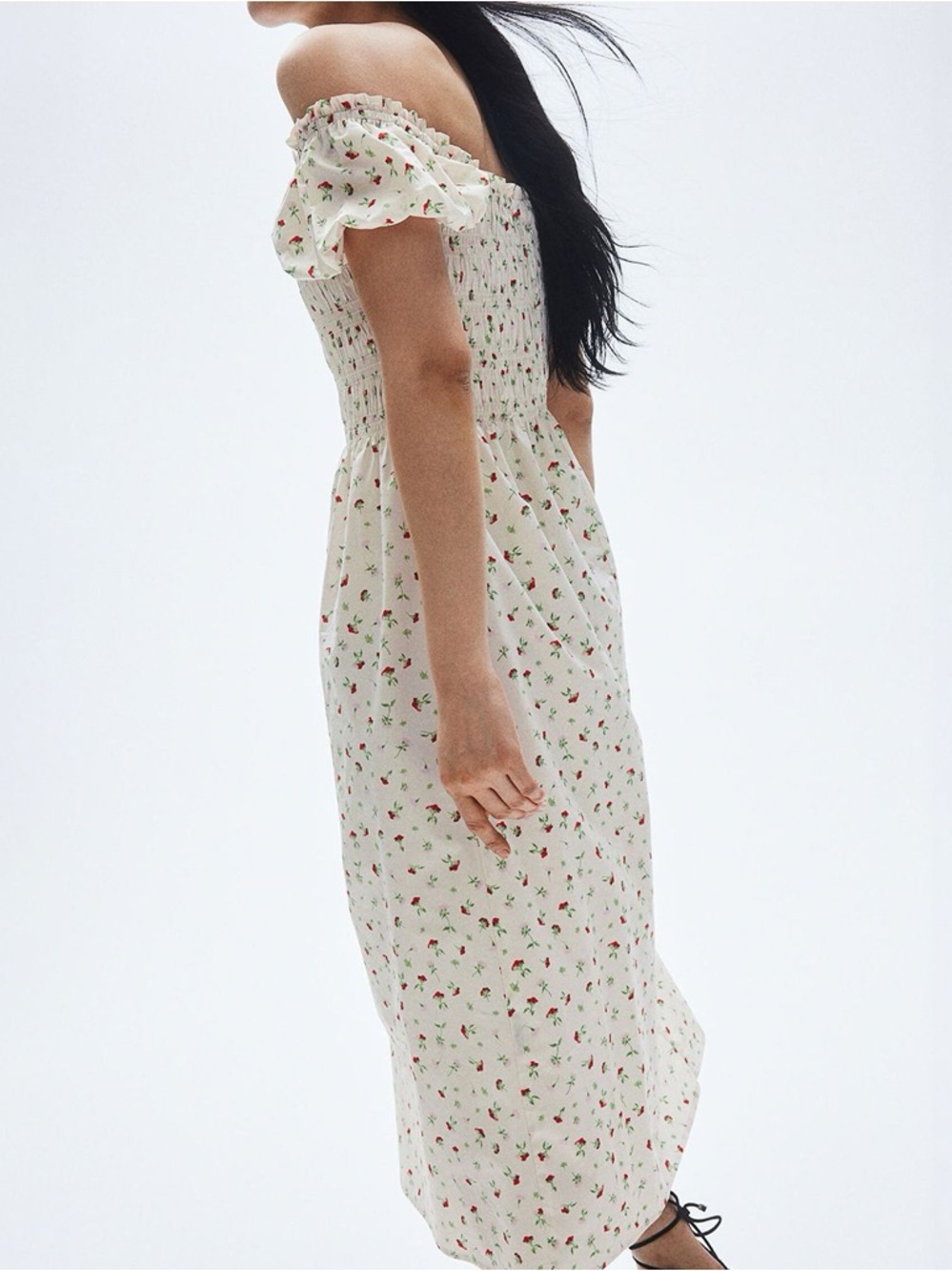 H&M Cream/Small Flowers Off-The-Shoulder Poplin Midi dress - Picture 2 of 7